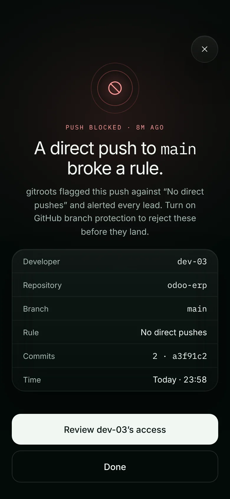 gitroots app: blocked push alert for a direct push to main