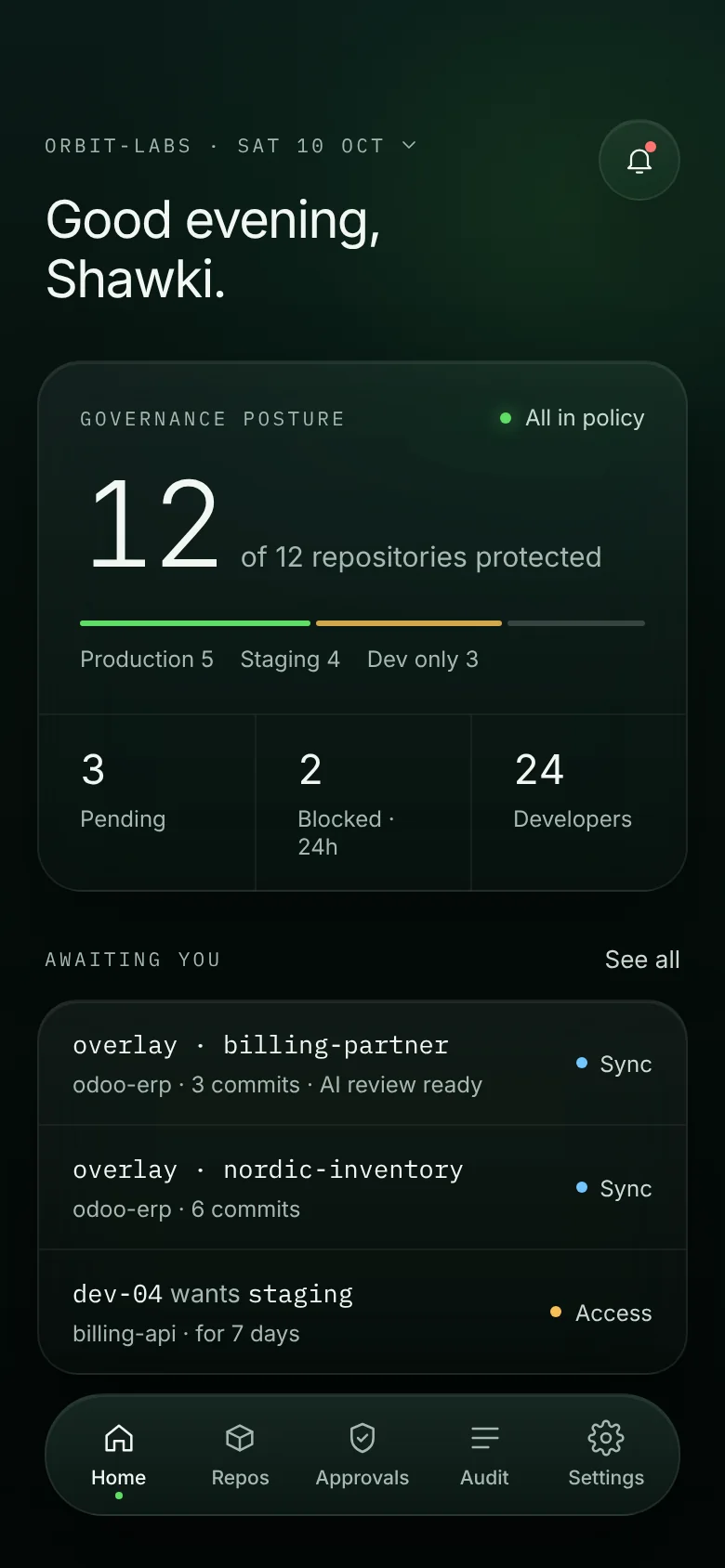 gitroots app home with governance posture