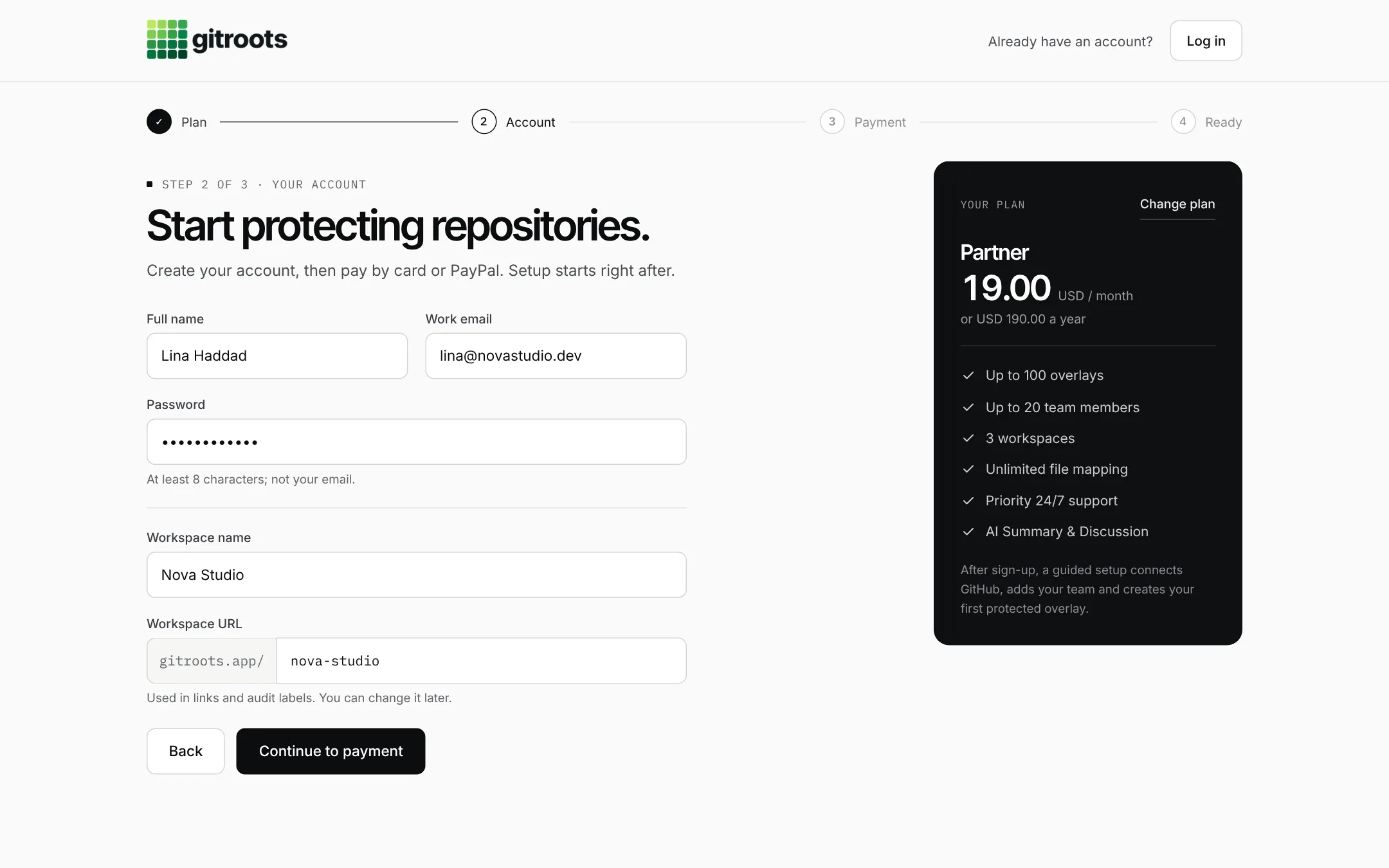 gitroots sign-up form: create your account and workspace