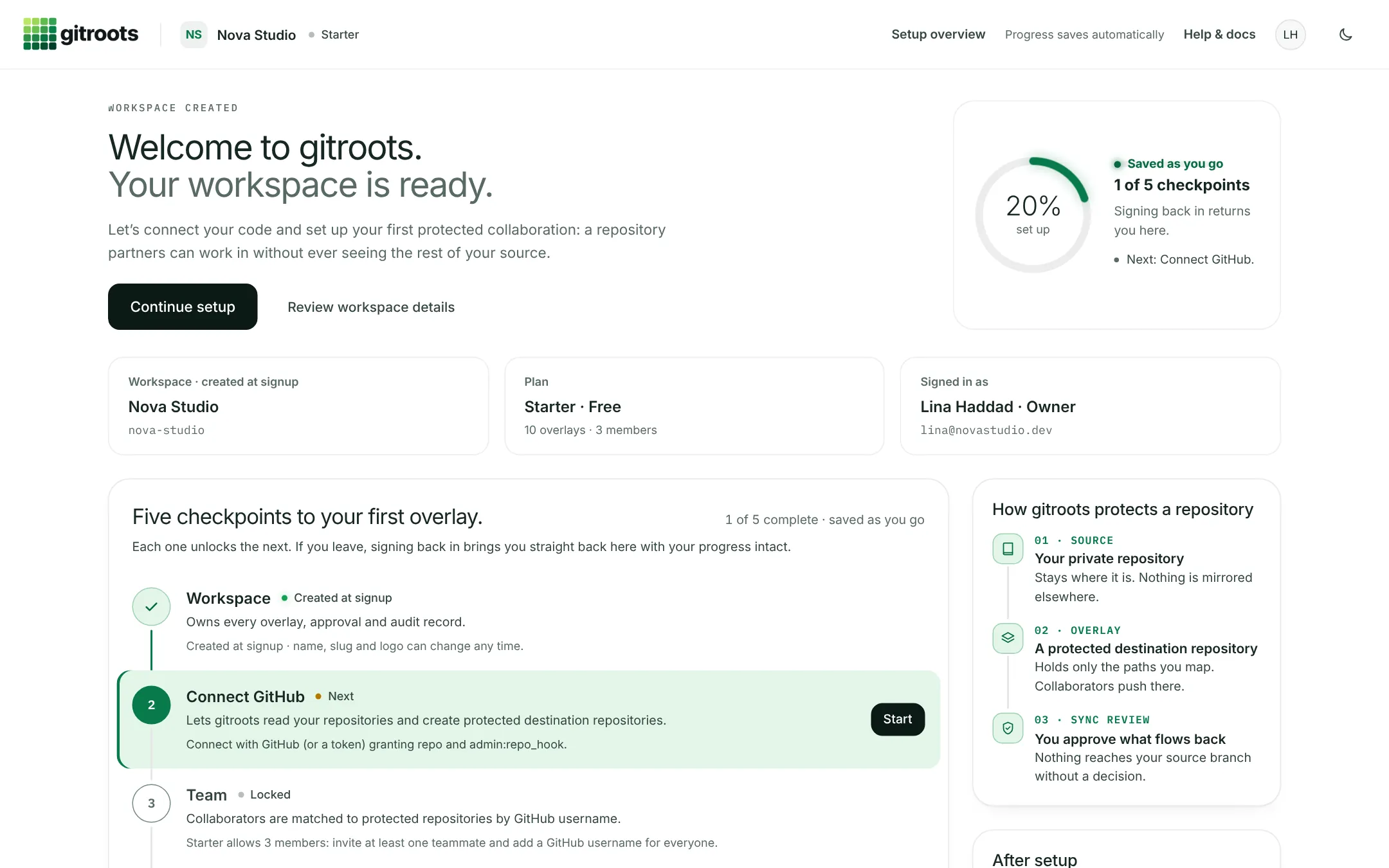 gitroots welcome screen: your workspace is ready