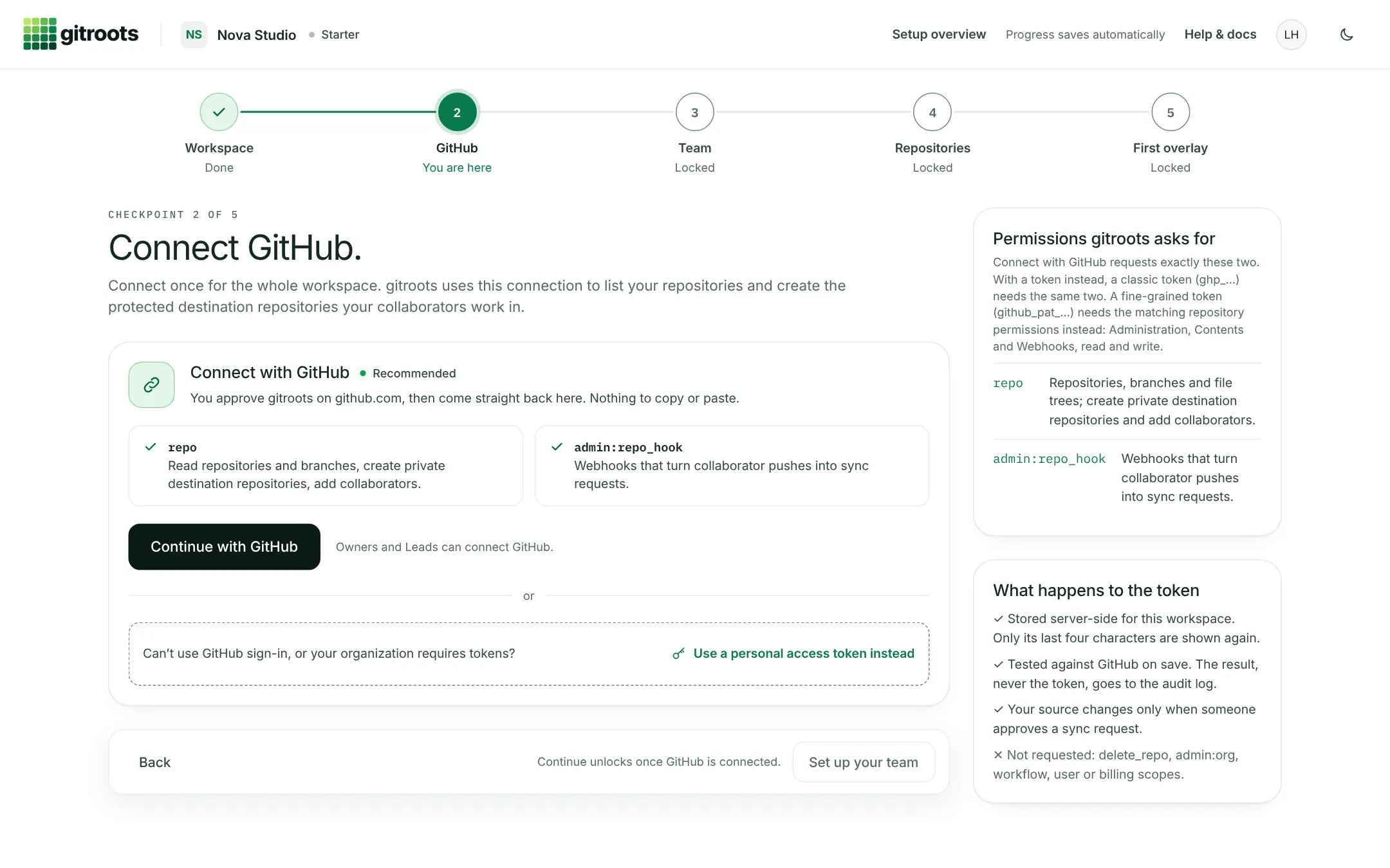 gitroots setup: connect GitHub
