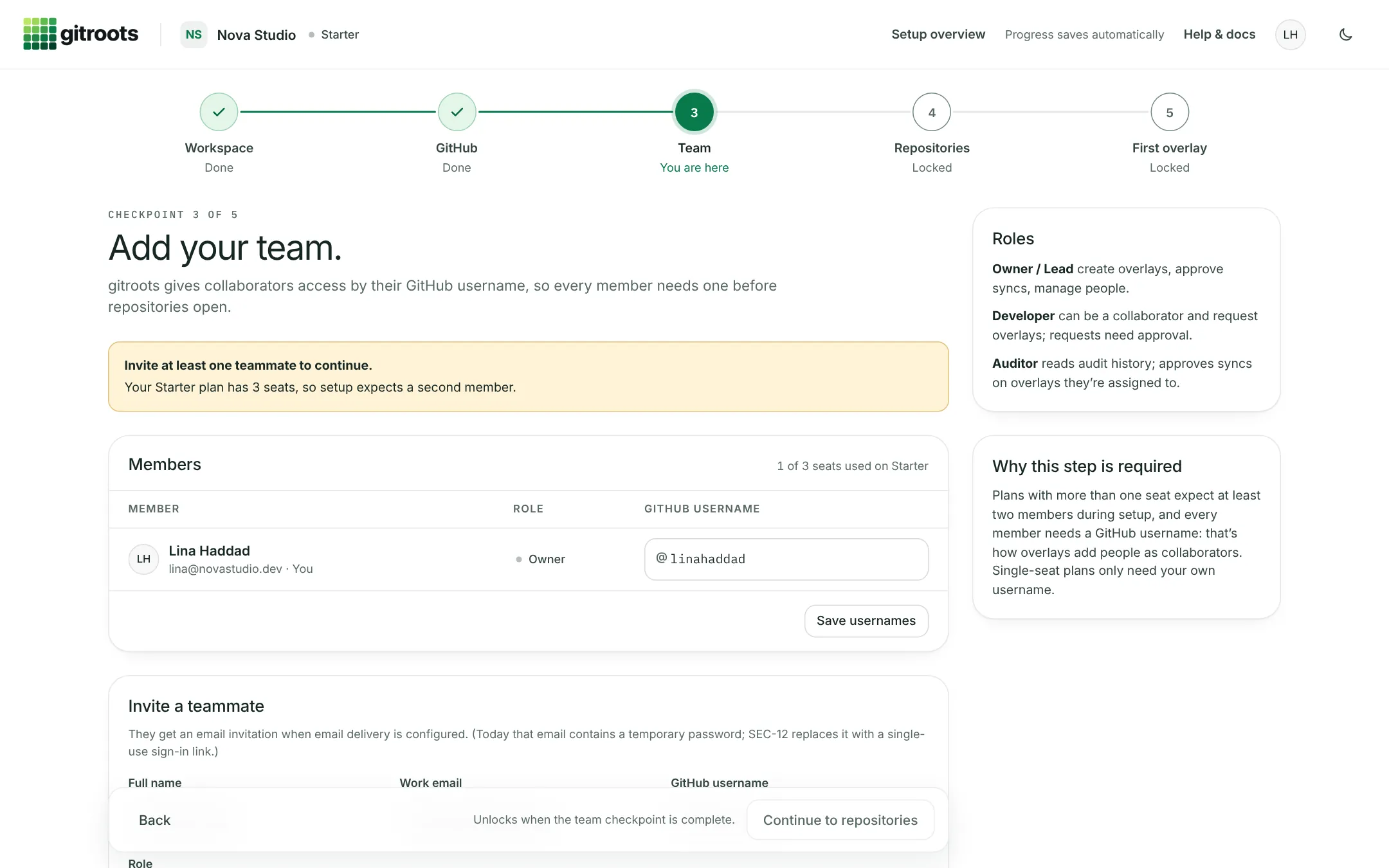 gitroots setup: add your team