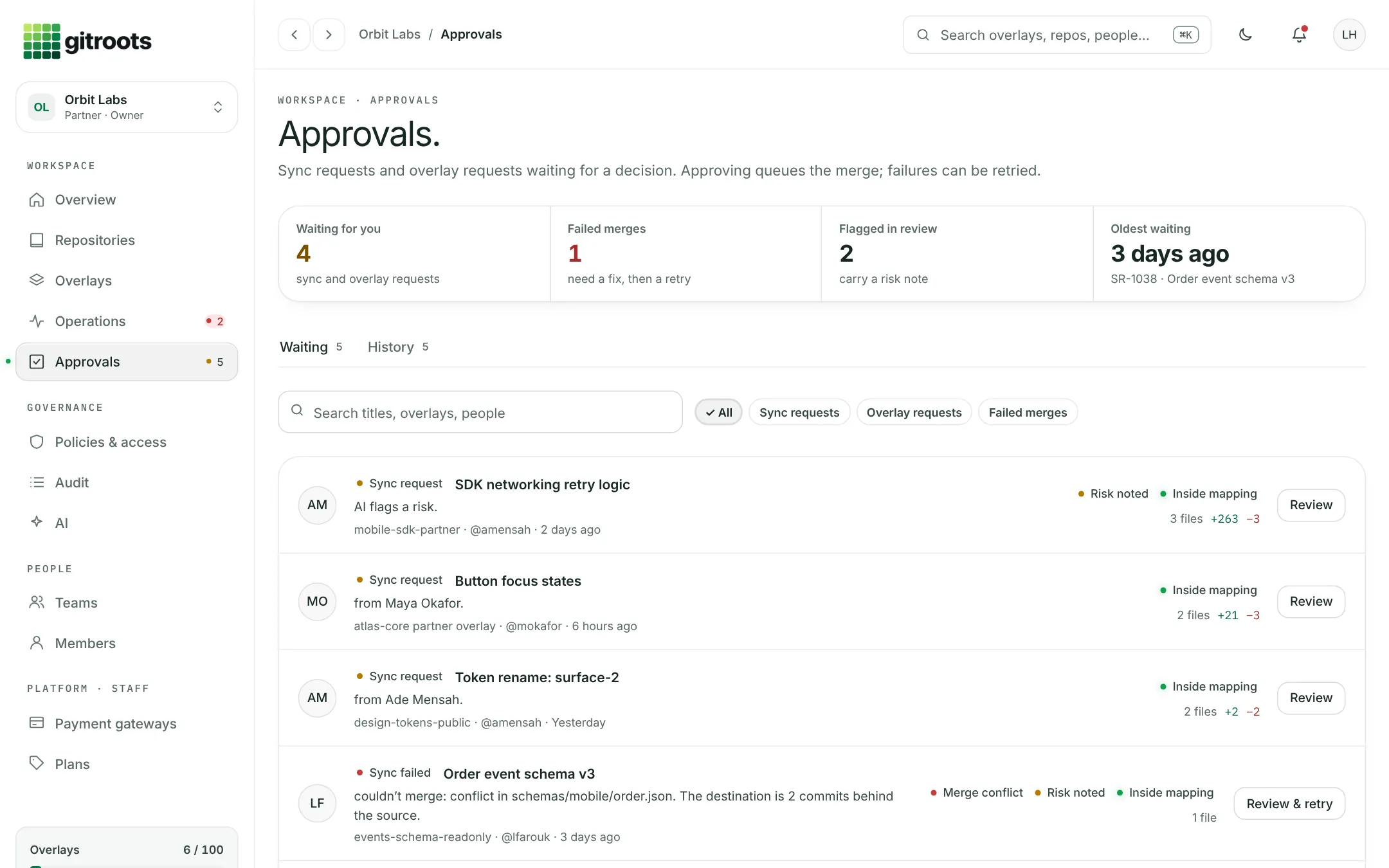 gitroots approvals inbox with sync requests waiting for a decision