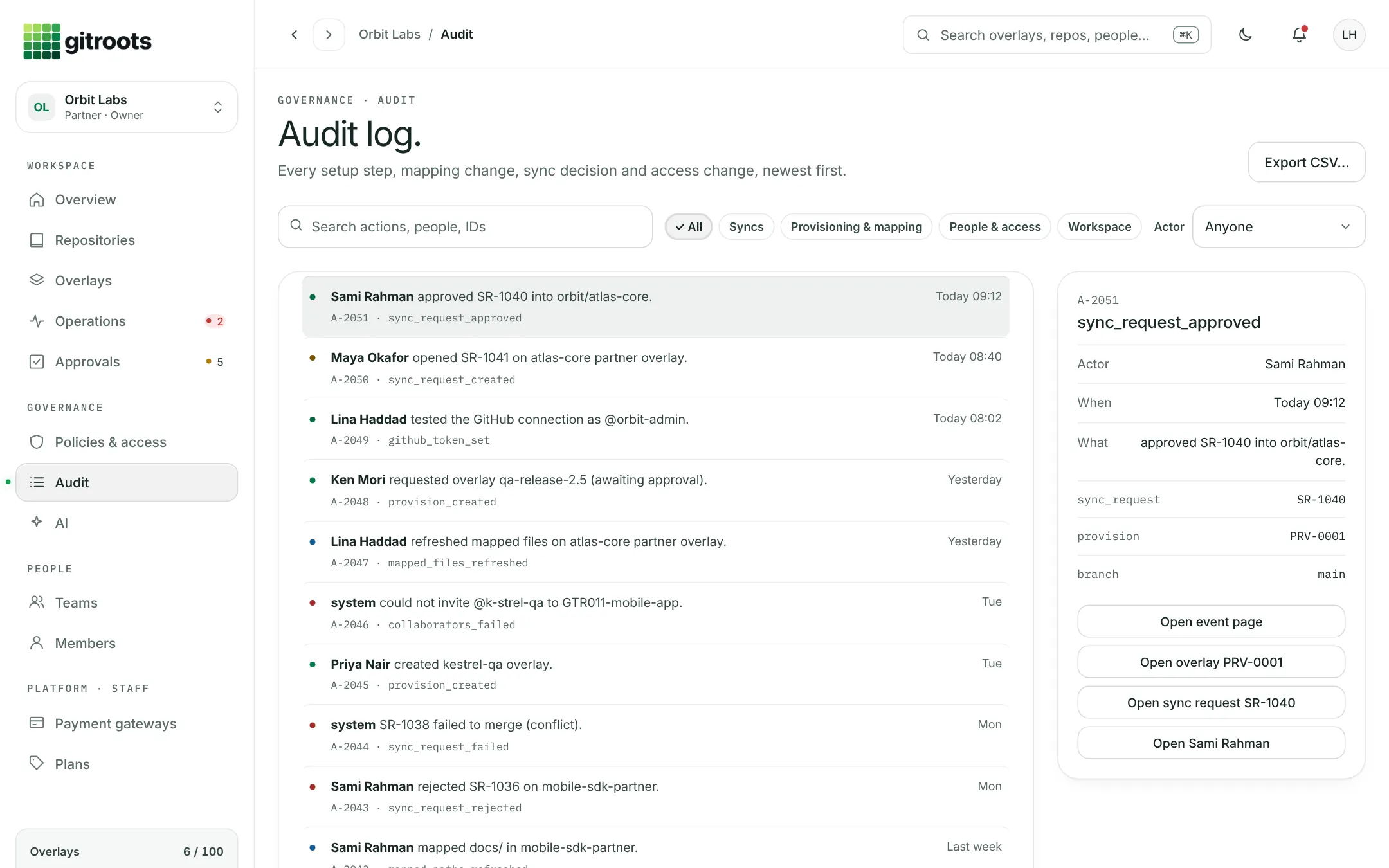 gitroots audit log with event details