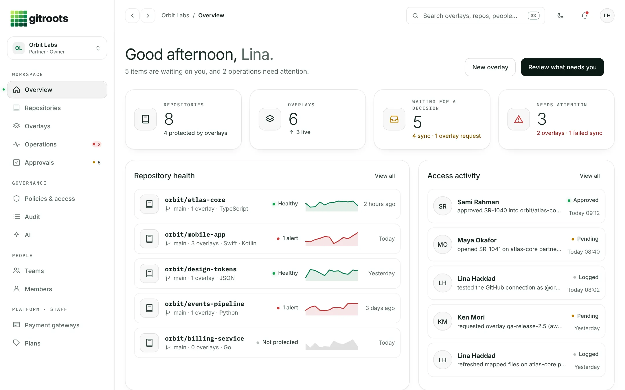 gitroots overview dashboard with repository health and access activity