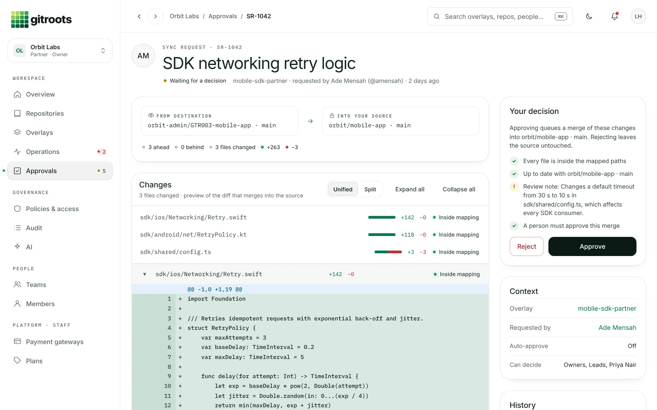gitroots sync request review with diff and decision panel